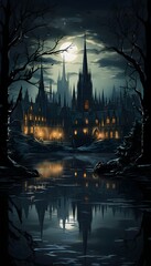 Fairy tale castle in the forest at night with reflection in water