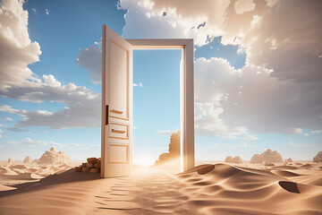 Opened the door on the desert. Unknown and start-up concept. This is a 3d illustration,