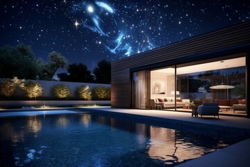 A contemporary backyard with a pool and an overhanging digital sky screen, displaying a night sky with shooting stars creating 3D intricate, cosmic patterns, starry serenade