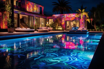 Fototapeta na wymiar A contemporary backyard with a pool surrounded by neon-lit landscaping, reflecting 3D intricate, vibrant neon patterns in the water, neon nightscape