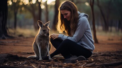 A kangaroo is being played with by a woman on the reserve. - obrazy, fototapety, plakaty
