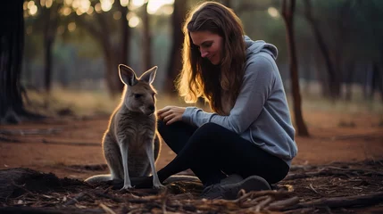 Poster A kangaroo is being played with by a woman on the reserve. © Tahir