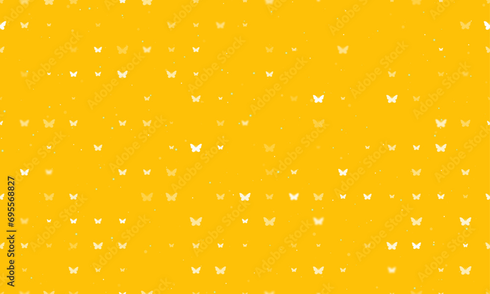 Poster seamless background pattern of evenly spaced white butterfly symbols of different sizes and opacity.