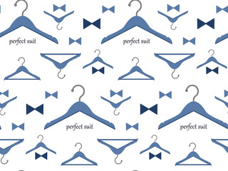 Strict masculine pattern blue clothes hangers and bow tie. Repeating pattern for cards, posters, invitations, wedding, notepads