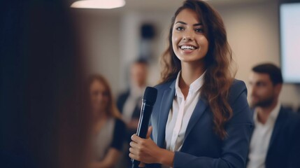 Conference training or learning training, Business people discussing new strategies, Young female business trainer speaker in suit holding microphone giving presentation with smiling expression