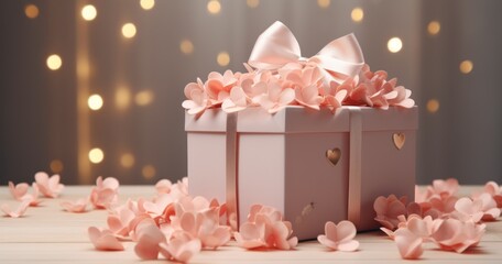 a big red flowery present box surrounded by hearts on a grey background