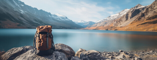 a backpack on a rocky ledge in front of a lake,