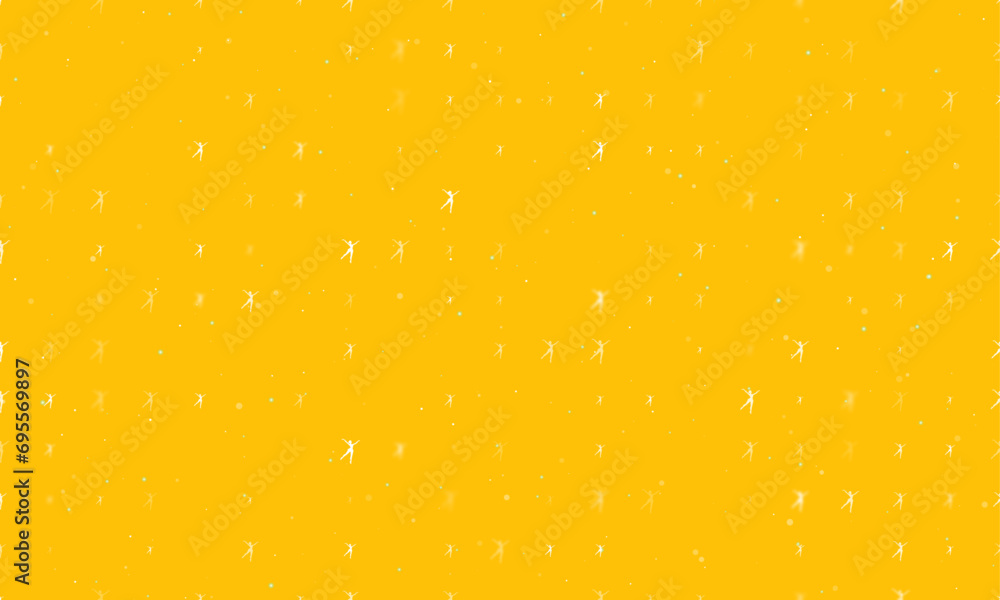 Poster seamless background pattern of evenly spaced white dancing girl symbols of different sizes and opaci