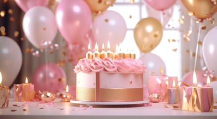 a cake in front of balloons and gifts