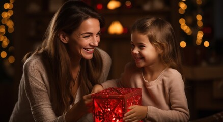 Obraz na płótnie Canvas a girl holds a red present next to her mother