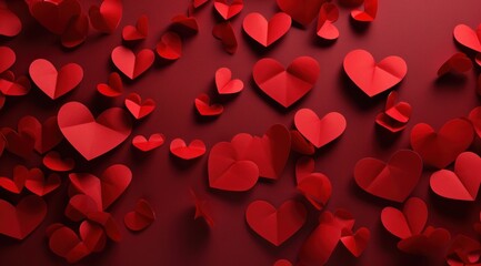 a red paper background filled with heart shaped paper shapes