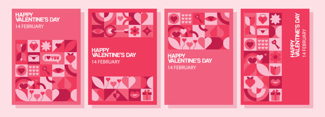Set of geometric Valentine's Day posters. Modern minimalistic abstract shapes for invitation, banner, poster, template, cover, web design. Vector illustration.