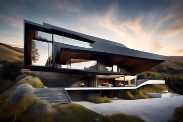 An architecturally innovative residence with a dynamic facade, set against a backdrop of rolling hills and a clear horizon.