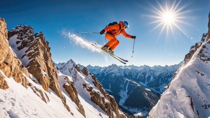 Naklejka na ściany i meble A skier descends from the mountain on a sunny day