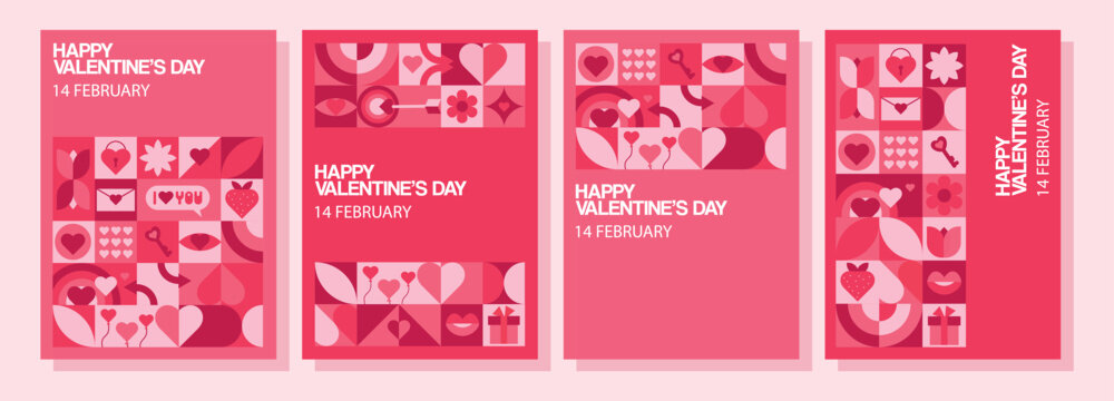Set of geometric Valentine's Day posters. Modern minimalistic abstract shapes for invitation, banner, poster, template, cover, web design. Vector illustration.