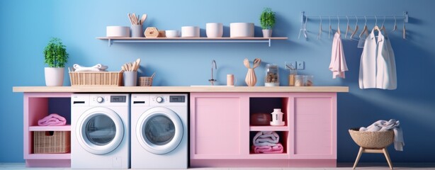 a laundry room with a lot of blue
