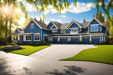 Gorgeous, recently-built house exterior featuring a spacious three-car garage and a lush, green lawn illuminated by the sun on a clear day, adorned with a vibrant blue sky and scattered white