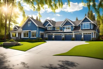Foto op Canvas Gorgeous, recently-built house exterior featuring a spacious three-car garage and a lush, green lawn illuminated by the sun on a clear day, adorned with a vibrant blue sky and scattered white © Ahmad
