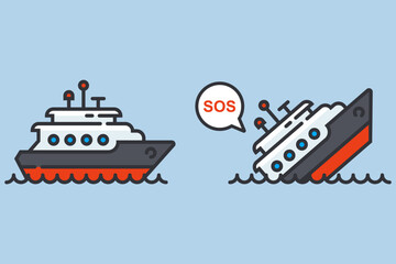 the ship is sinking in the sea. flat vector illustration