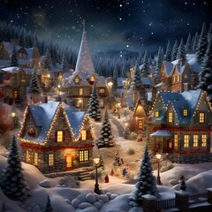 Digital painting of winter village with christmas trees and houses at night