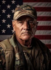 Fototapeta premium a man in military fashion in front of an american flag