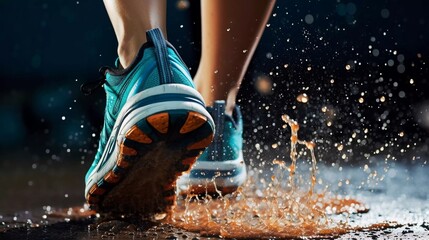 The back view of a woman's feet in sports shoes jogging on the field when it rains gives the effect of water splashing on the soles of the shoes - obrazy, fototapety, plakaty