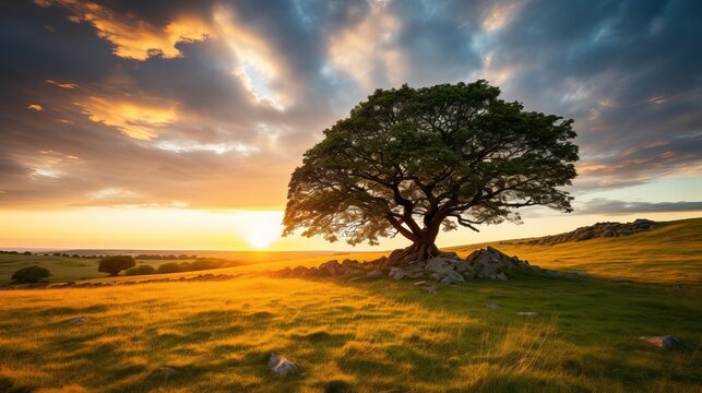 A sunset shot showing a single tree growing under a cloudy sky and surrounded by grass.