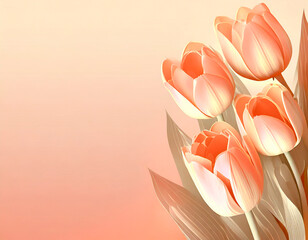 Abstract floral background in peach color, soft tones with soft light, free for copy space, Tulips and other types of flowers. A delicate and soft peach shade. Color of the year 2024.