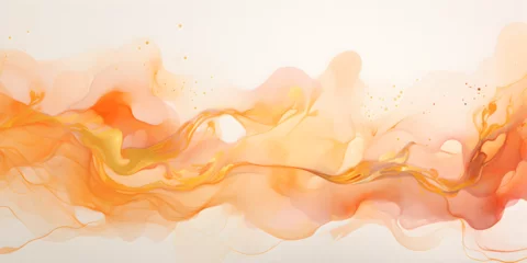 Fotobehang Abstract pastel orange ink acrylic splashes background with fine golden elements lines © TatjanaMeininger