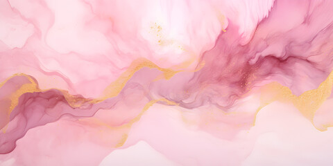Abstract pastel pink ink acrylic splashes background with fine golden elements lines