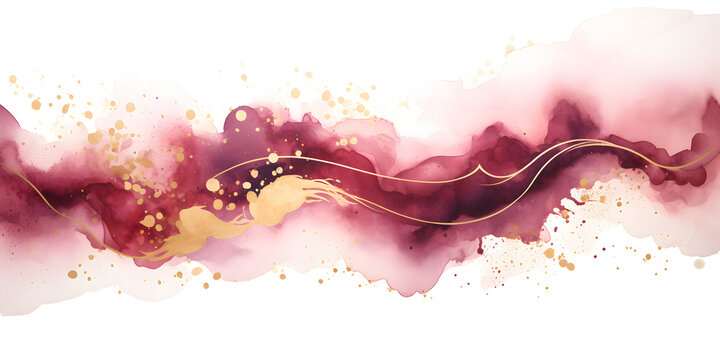 Abstract dark wine red ink acrylic splashes background with fine golden elements lines