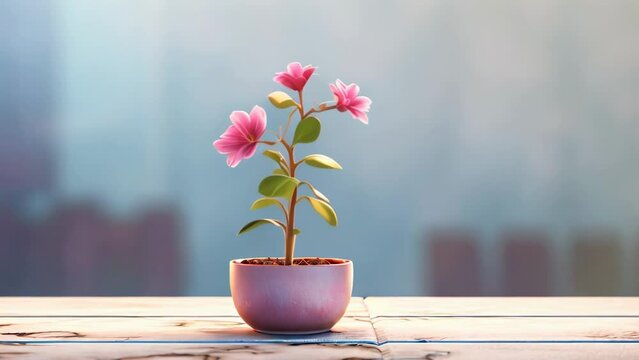 Animation of small growing pink flower in a pot