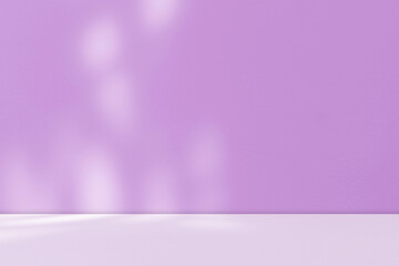 Purple Background Room Studio with Leaves Shadow Overlay. Product Presentation Showroom. Cosmetic display room. Selling online, Mockup, Summer or Spring Season concept. Minimal domestic room design.