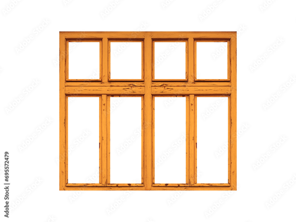 Wall mural Orange wooden window with four sashes isolated on transparent background.