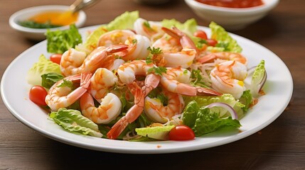 A white plate is used to serve a shrimp salad, which includes boiled egg, lettuce, and chopped scallions.