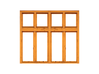 Orange wooden window with four sashes isolated on transparent background.