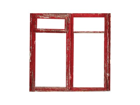 Old red wooden window frame with four sashes isolated on transparent background.	