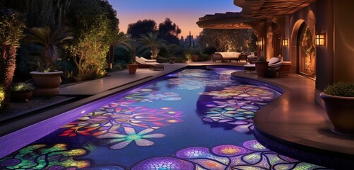 A high-end backyard with a pool featuring a color-shifting tile mosaic, each tile casting 3D intricate, chameleon-like patterns under changing lights, chameleon charm - obrazy, fototapety, plakaty