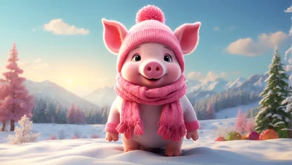 Fotobehang Cute cartoon pig in a hat and scarf on a winter meadow © tanya78