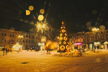 Christmas illuminations on the town square in Lubliniec. Christmas 2023