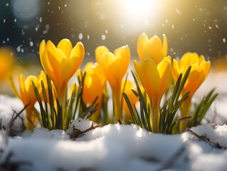 Close up of yellow spring crocus flowers growing in the snow, blurry background with sunshine