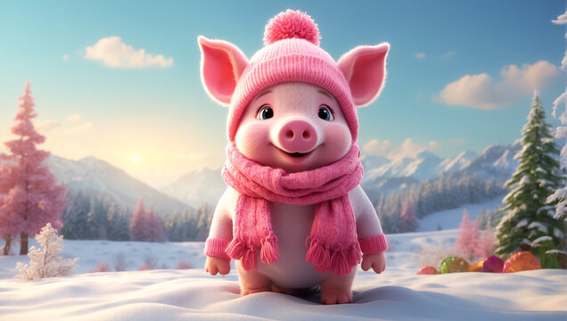 Cute cartoon pig in a hat and scarf on a winter meadow