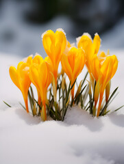 Close up of yellow spring crocus flowers growing in the snow, blurry background