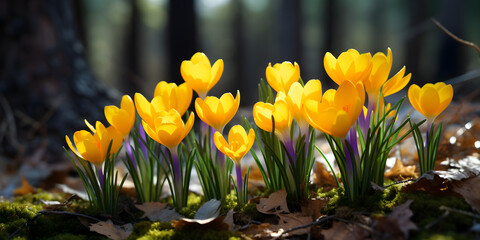 Close up of a yellow crocus flowers growing on ground in spring, blurry background 