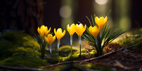 Close up of a yellow crocus flowers growing on ground in spring, blurry background 