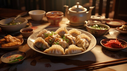 A table set with traditional Chinese New Year foods like dumplings.