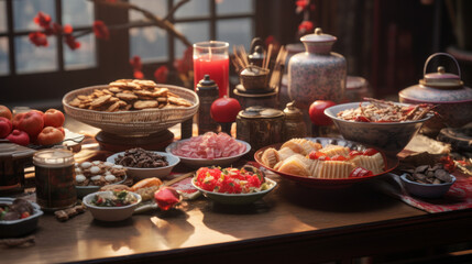 Obraz na płótnie Canvas A table with various kinds of Lunar New Year treats.