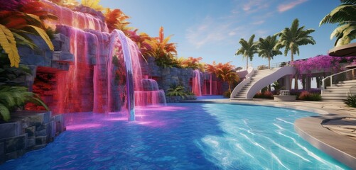 A luxurious backyard boasting a pool with a water feature wall that cycles through a rainbow of colors, creating 3D intricate, waterfall patterns, rainbow cascade