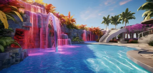 Badkamer foto achterwand A luxurious backyard boasting a pool with a water feature wall that cycles through a rainbow of colors, creating 3D intricate, waterfall patterns, rainbow cascade © Nairobi 