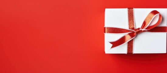 Top view one white gift box with red ribbon on red background.